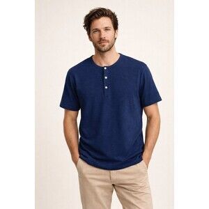 Todd Snyder Shirt Men’s Indigo Blue Short Sleeve Henley Top Slub Cotton Size L